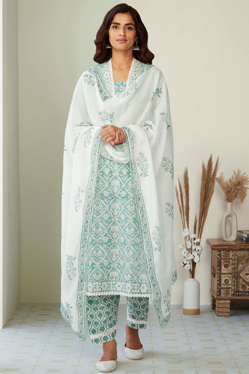 Green Hand Block-Printed Straight Cotton Kurta