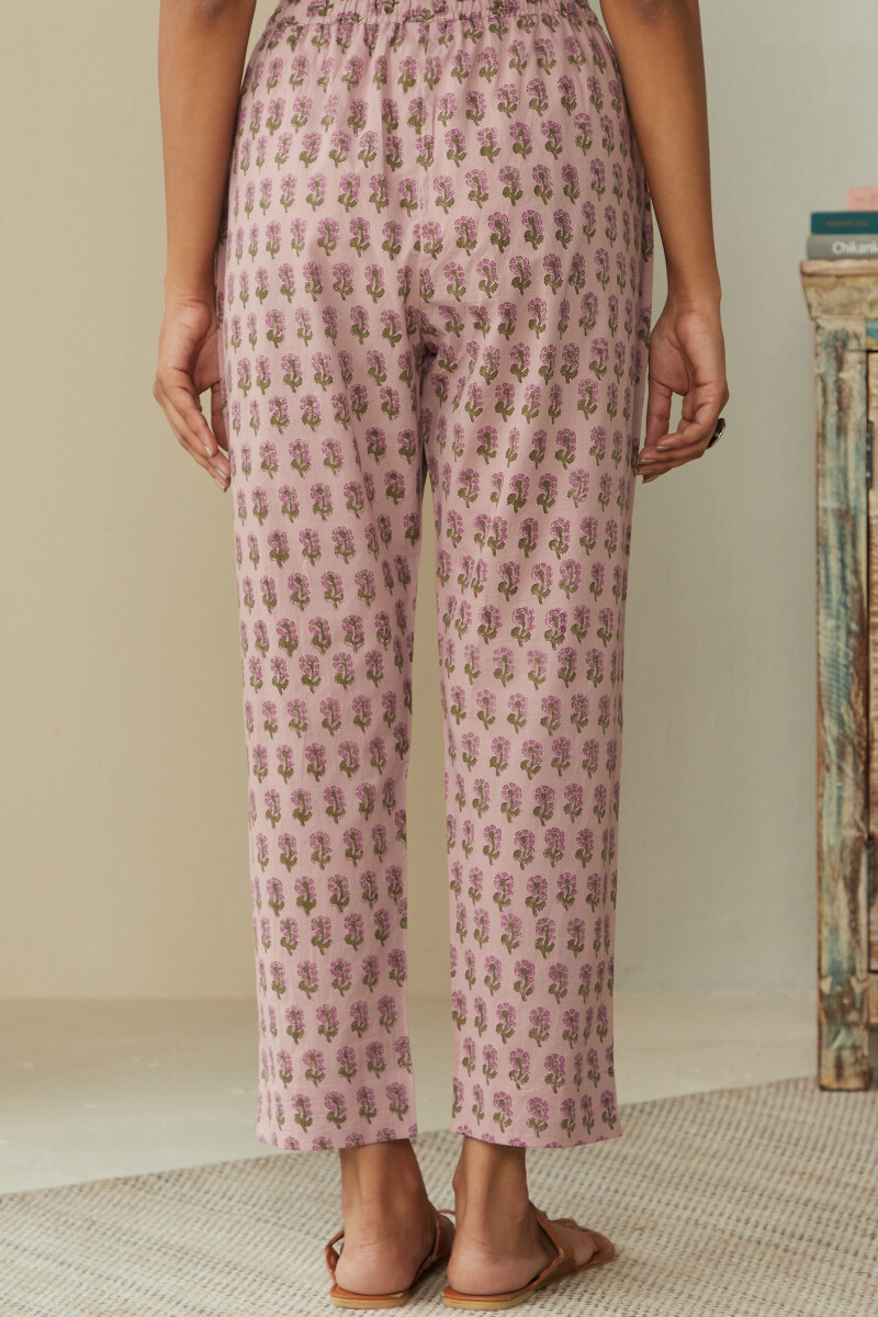 Mauve Hand Block-Printed Cotton Narrow Pants