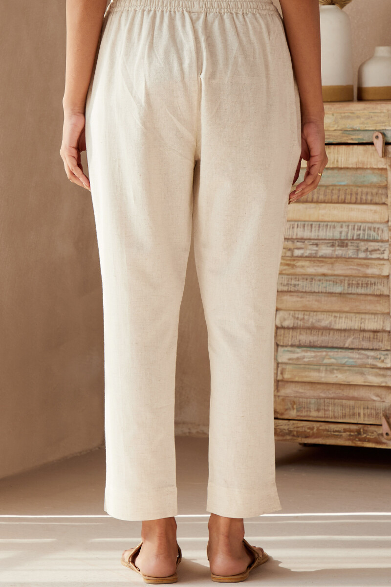 White Handcrafted Cotton Linen Narrow Pants