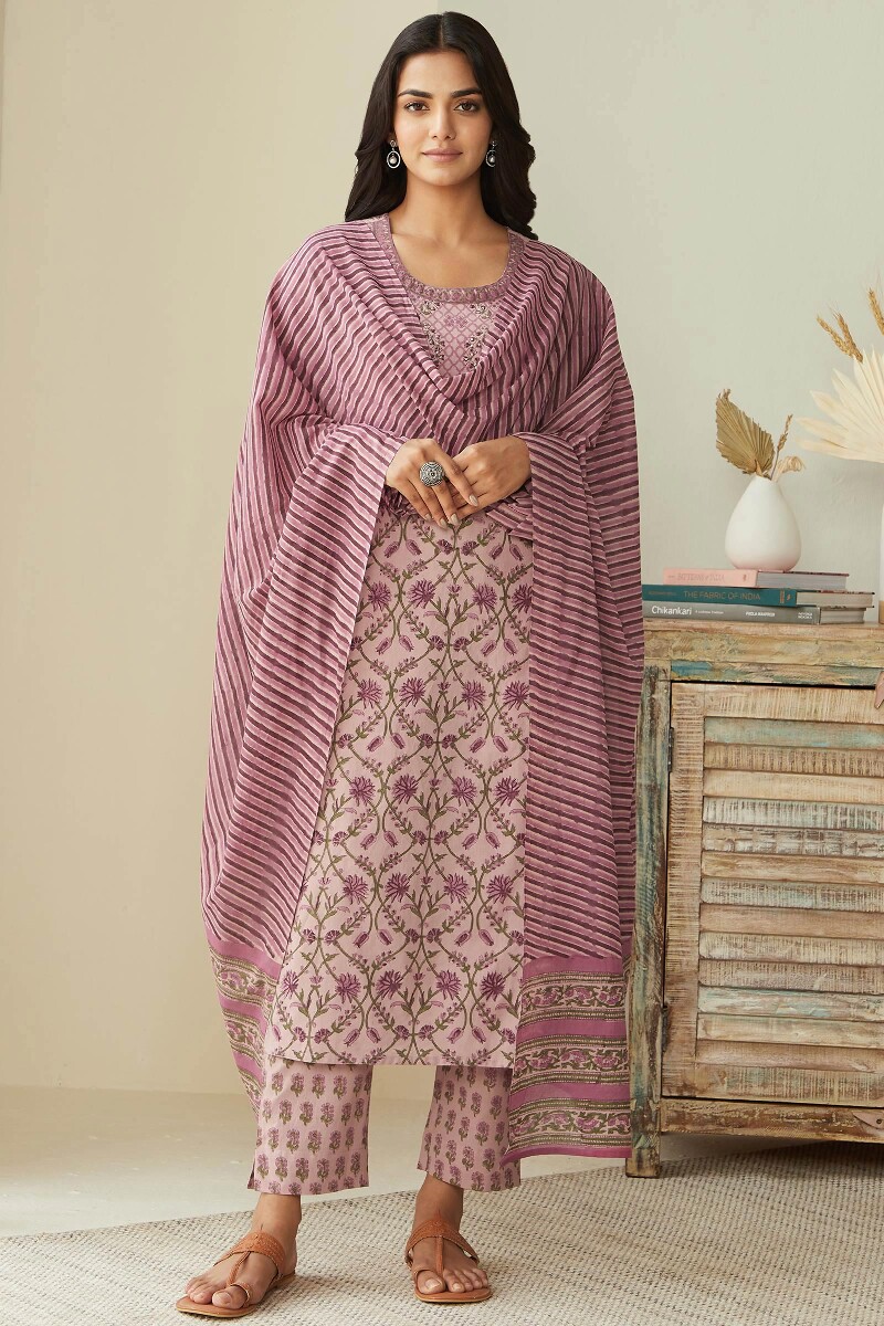 Pink Hand Block-Printed Straight Cotton Kurta