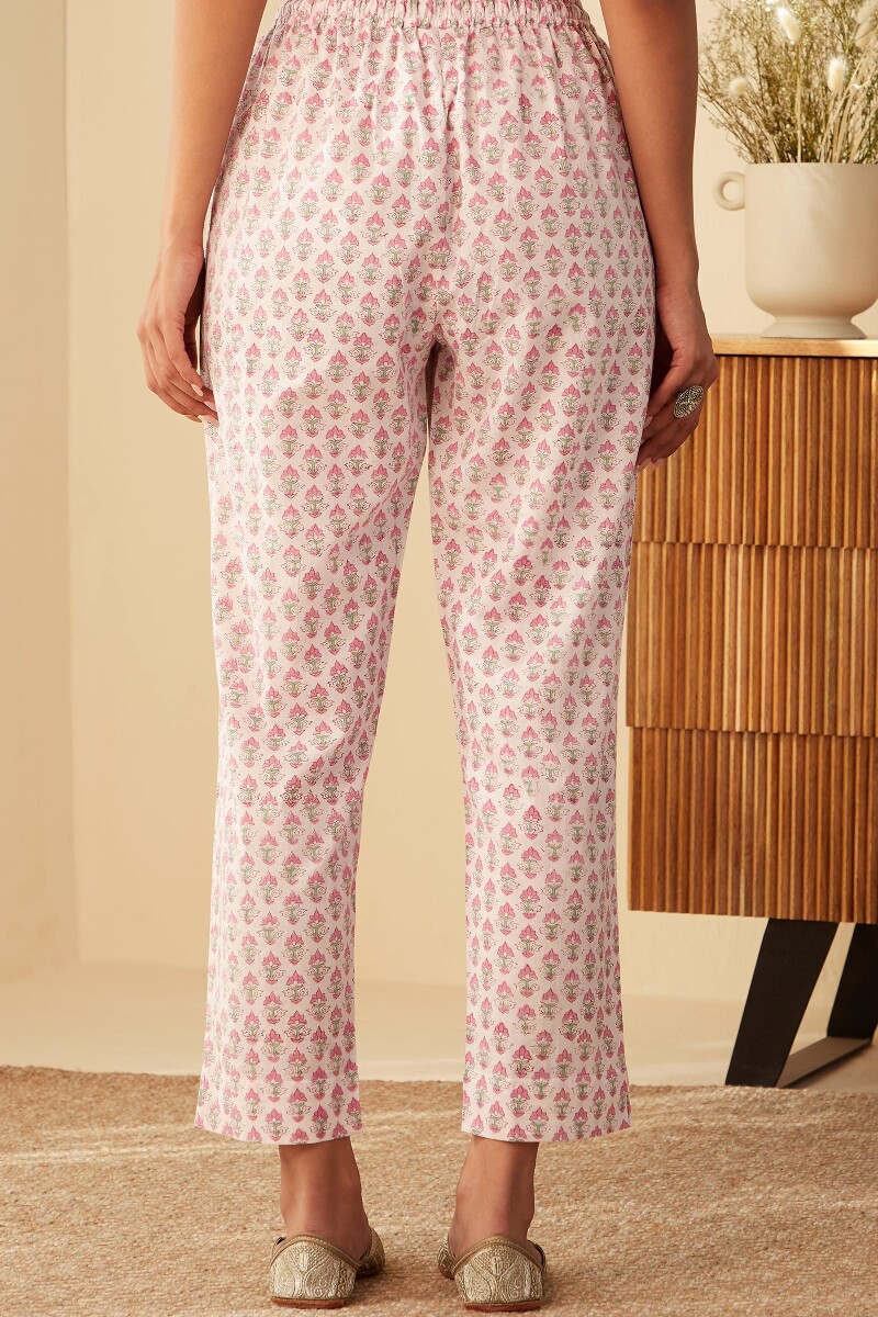 White Hand Block-Printed Cotton Narrow Pants