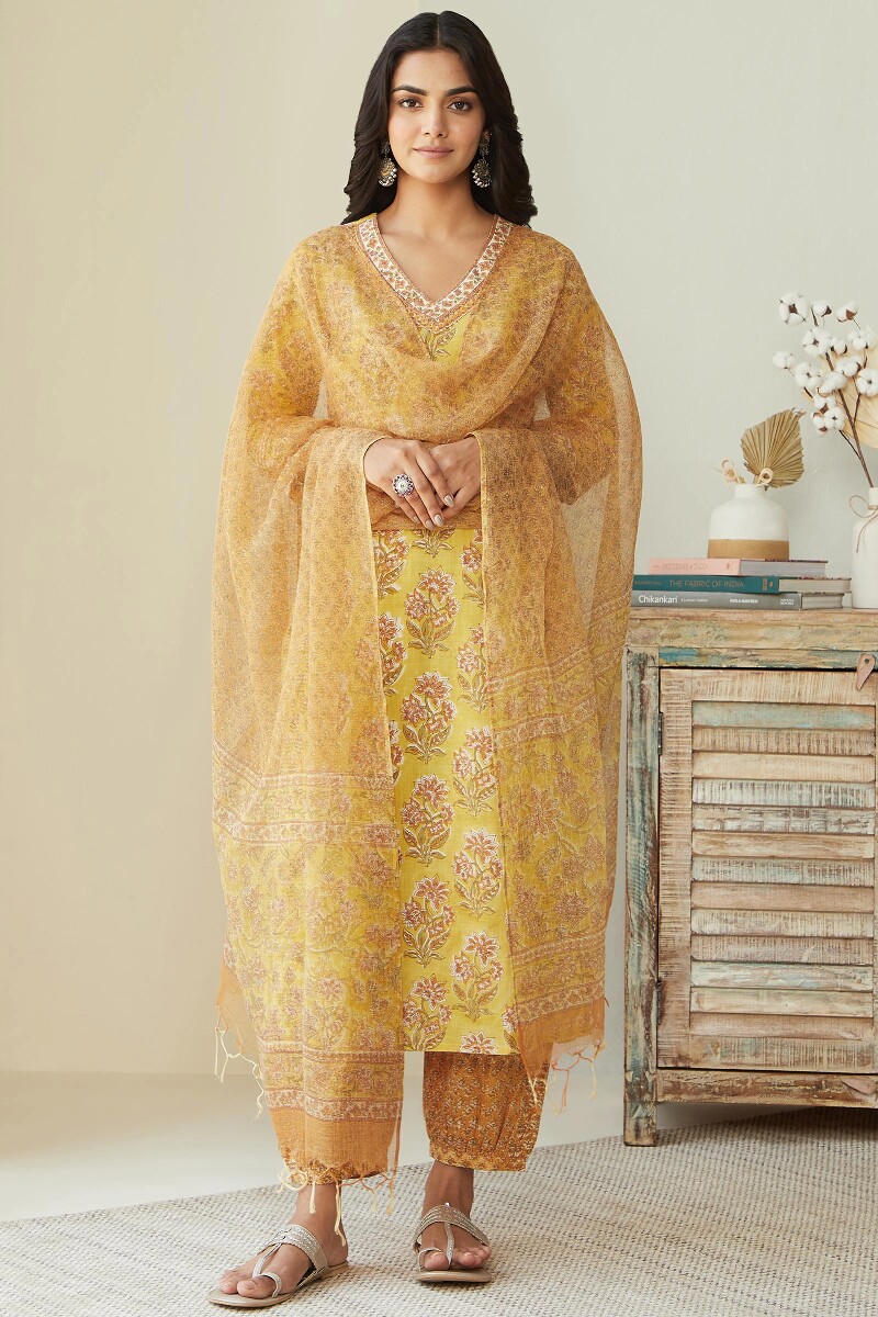 Orange Hand Block-Printed Cotton Sub Izhaar Pants