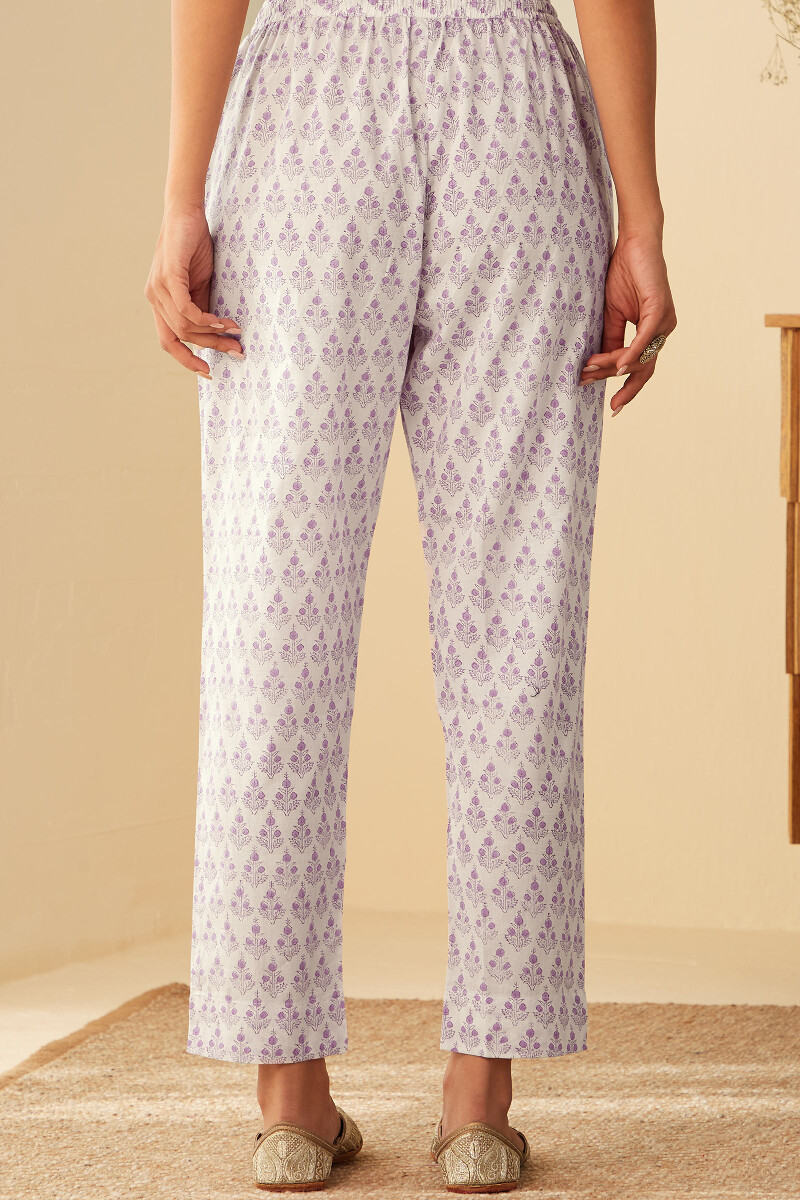 White Hand Block-Printed Cotton Narrow Pants