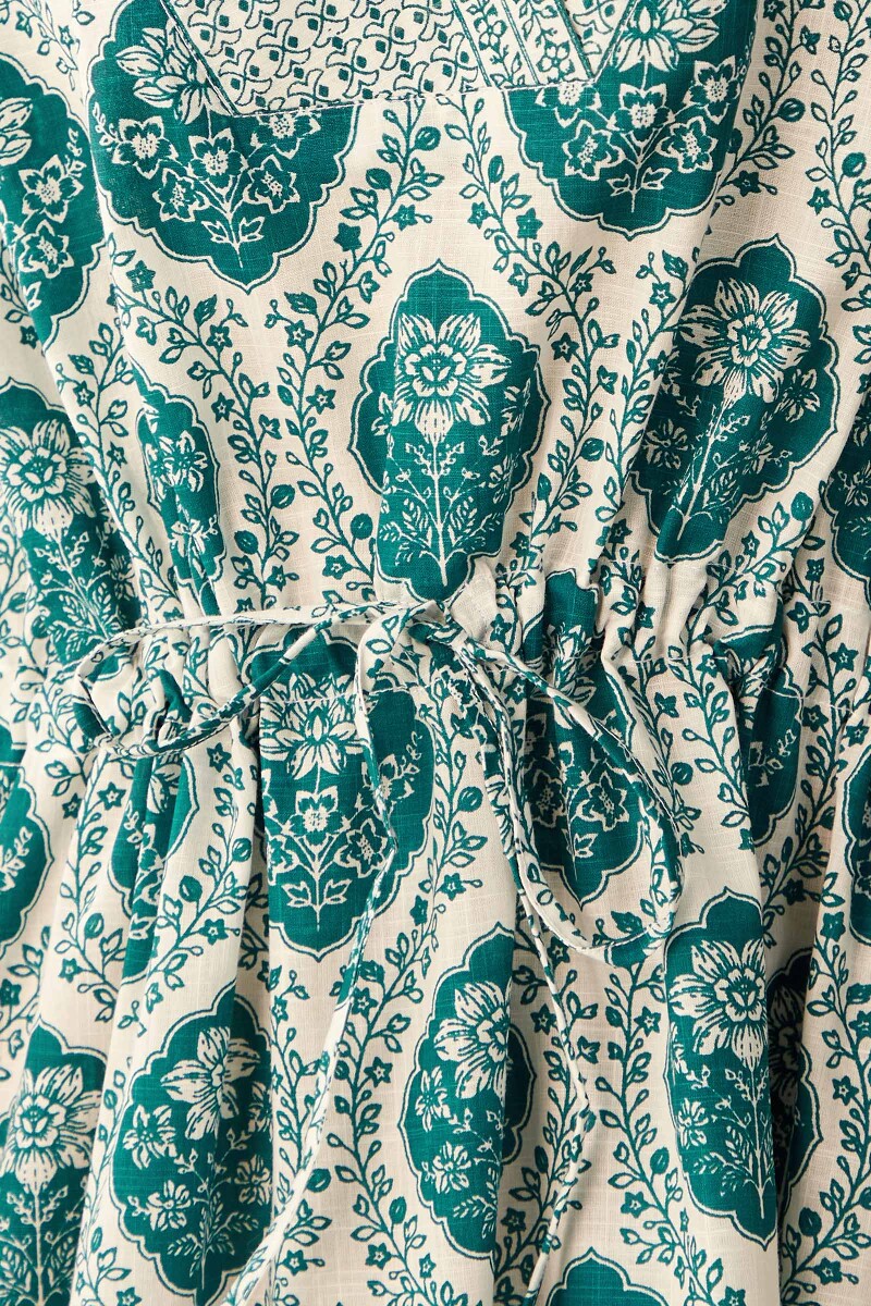 White Hand Printed Cotton Slub Kaftan