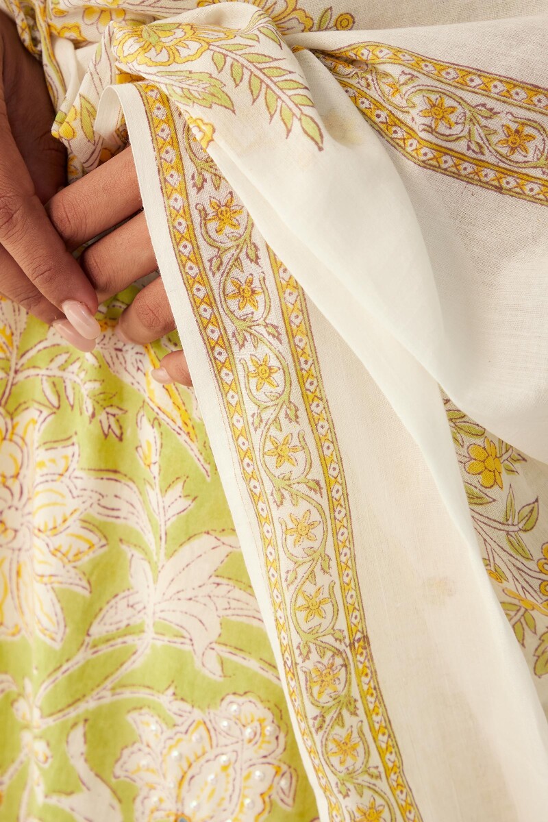 White Hand Block-Printed Cotton Mul Dupatta