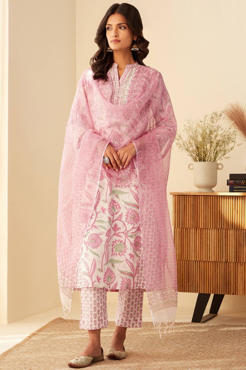 White Hand Block-Printed Straight Cotton Kurta