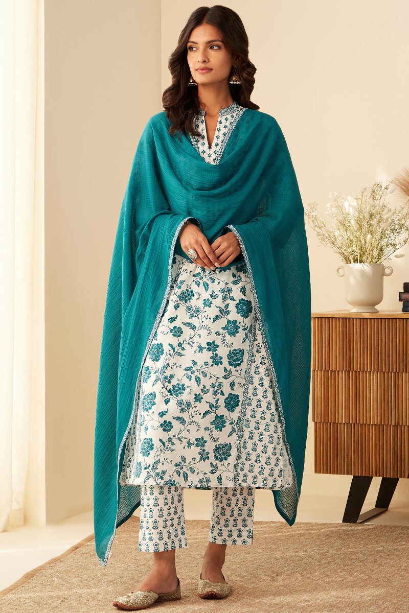 White Hand Printed Straight Cotton Slub Kurta