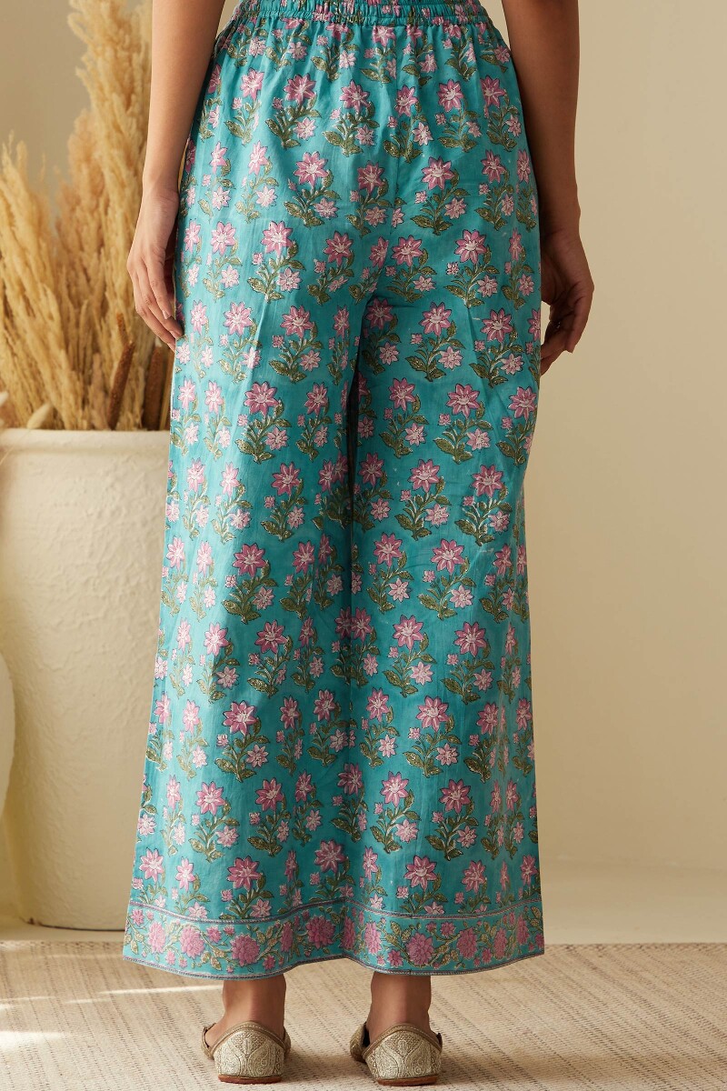 Green Hand Block-Printed Cotton Farsi Pants