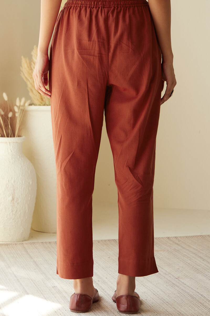 Red Handcrafted Cotton Linen Narrow Pants