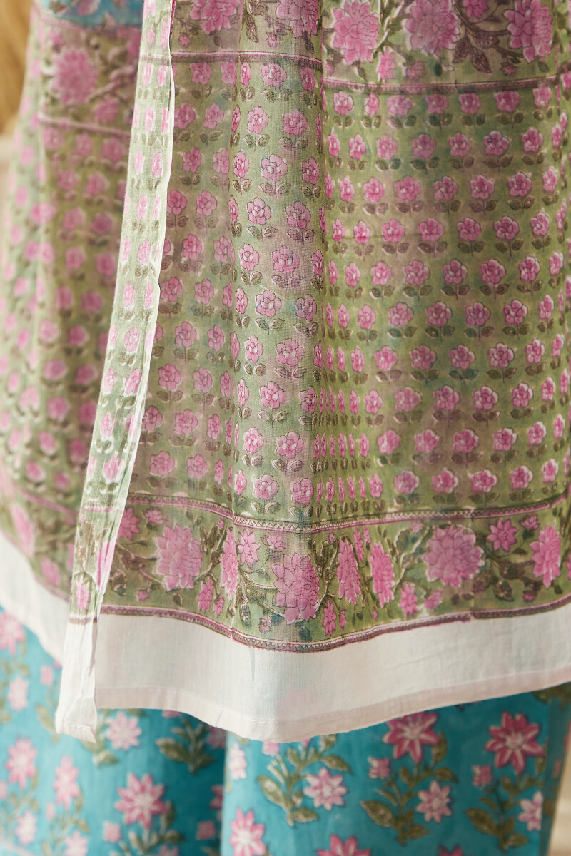 Green Hand Block-Printed Cotton Mul Dupatta