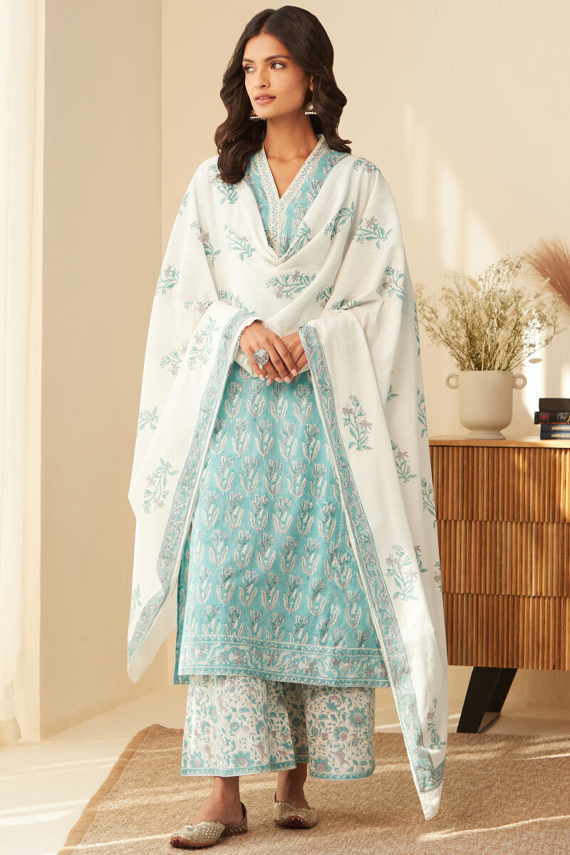 Blue Hand Block-Printed Straight Cotton Slub Kurta