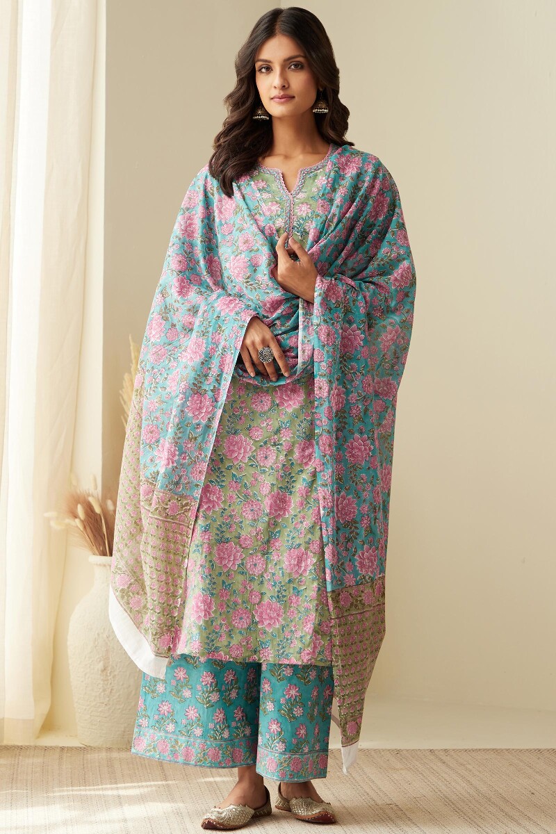 Green Hand Block-Printed Straight Cotton Kurta