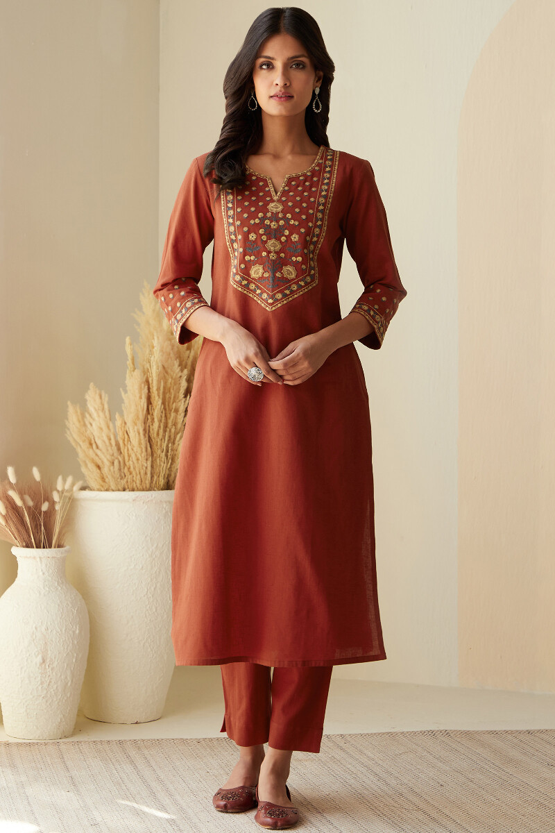 Red Handcrafted Straight Cotton Linen Kurta