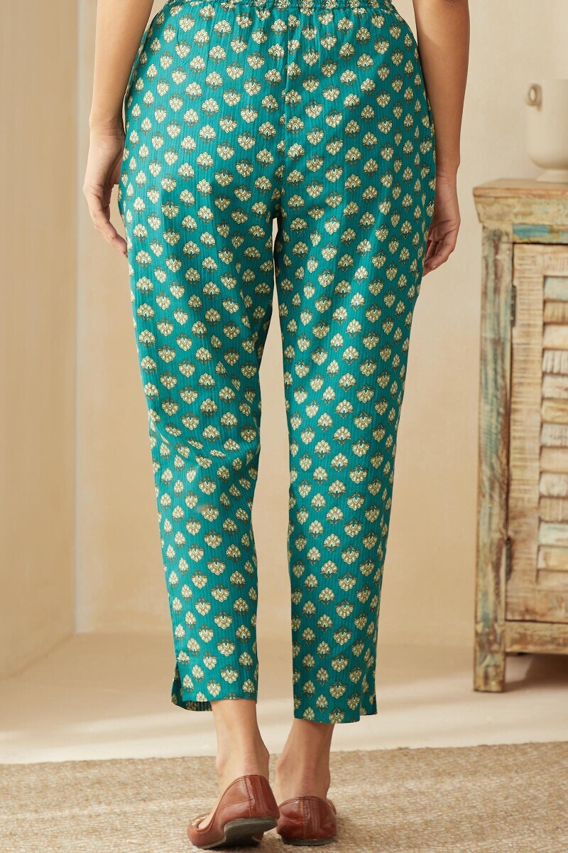 Teal Hand Printed Cotton Dobby Narrow Pants