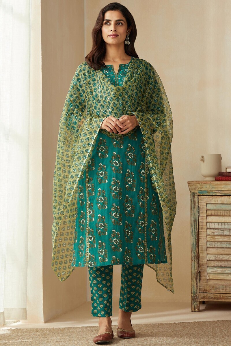 Teal Hand Printed Straight Cotton Dobby Kurta