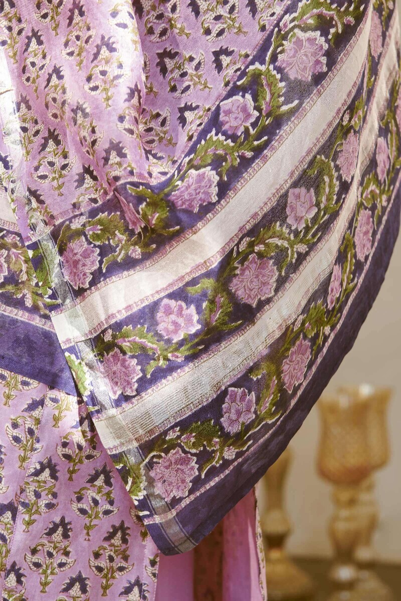 Purple Hand Block-Printed Chanderi Dupatta