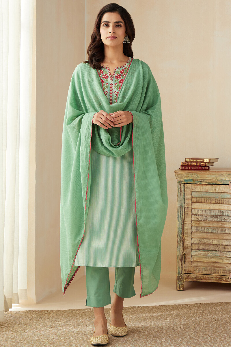 Green Handcrafted Straight Cotton Kurta