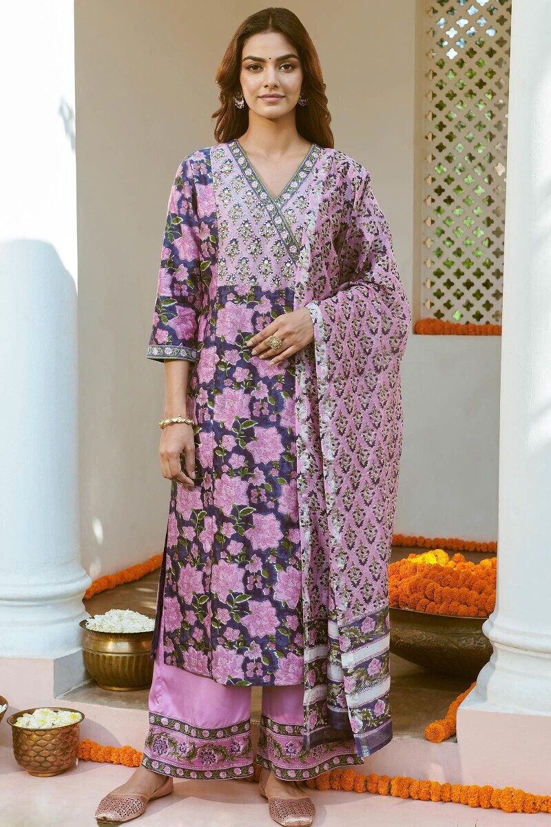 Purple Hand Block-Printed Straight Chanderi Kurta