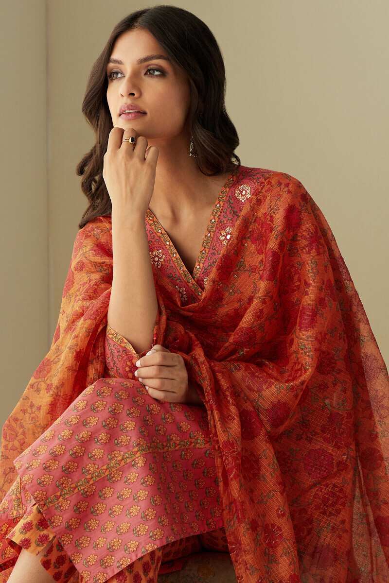 Pink Hand Printed Straight Cotton Kurta