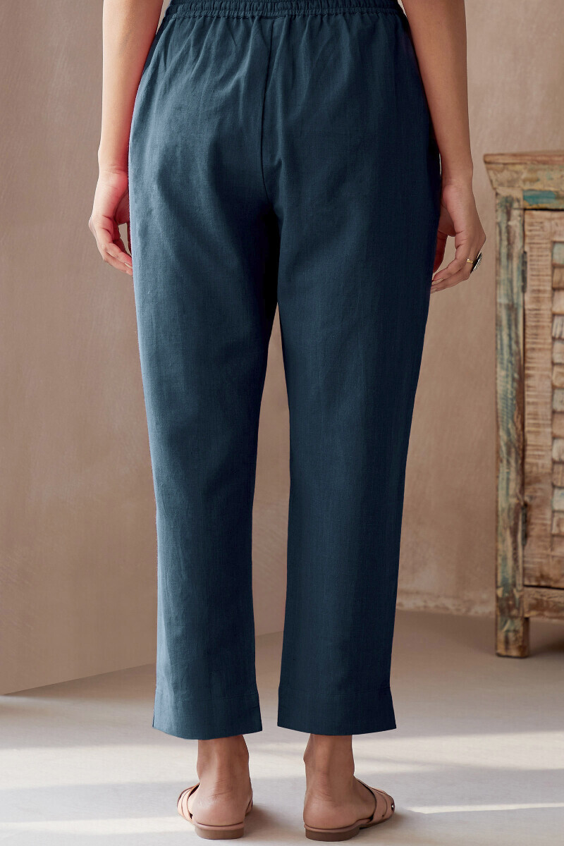 Midnight Blue Handcrafted Cotton Flax Narrow Pants