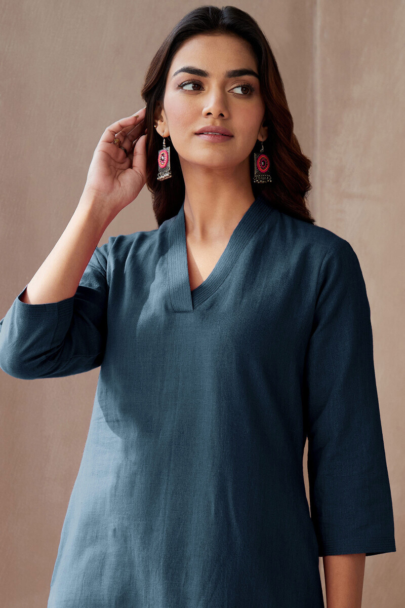 Midnight Blue Handcrafted Straight Cotton Flax Kurta
