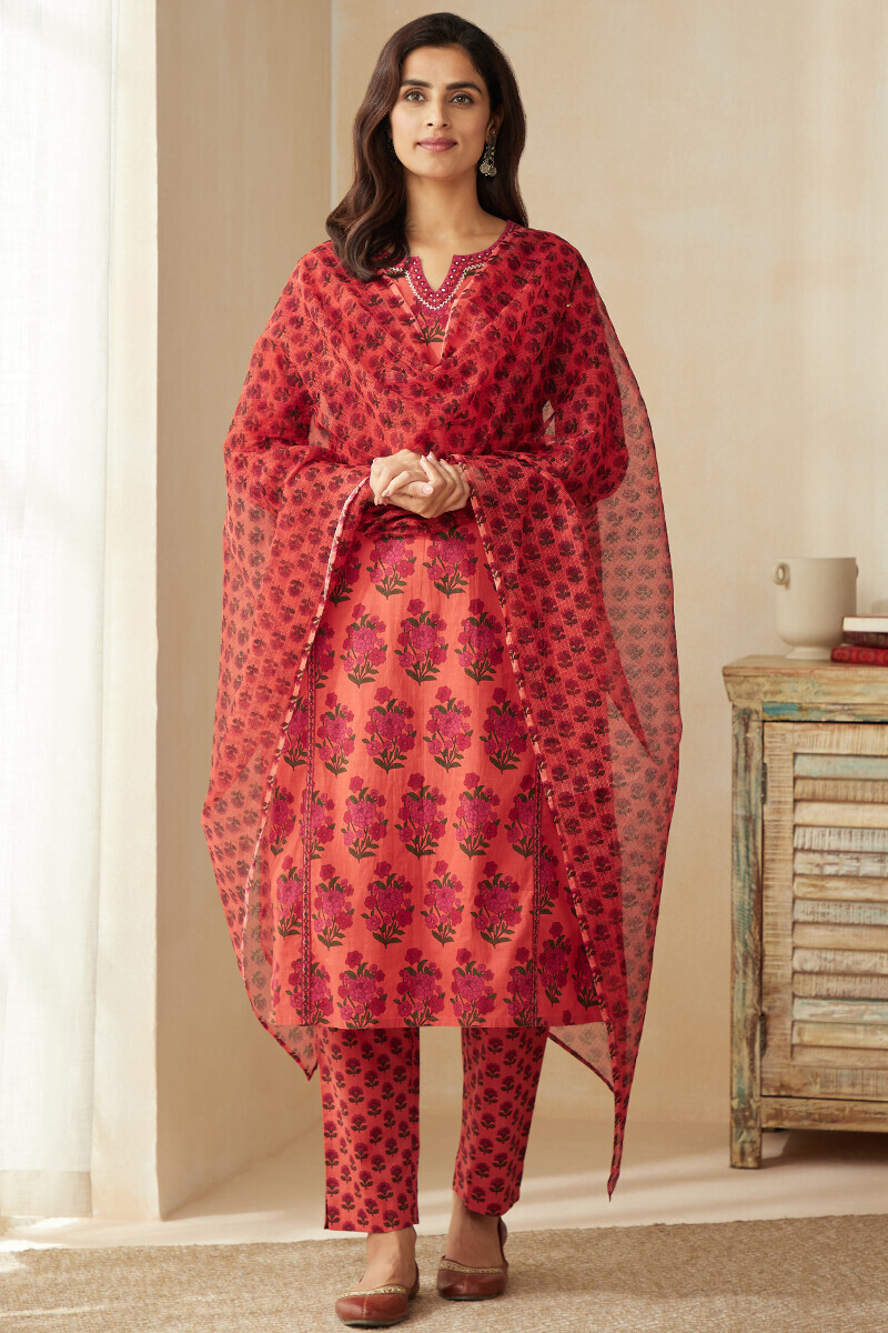 Orange Hand Printed Straight Cotton Kurta