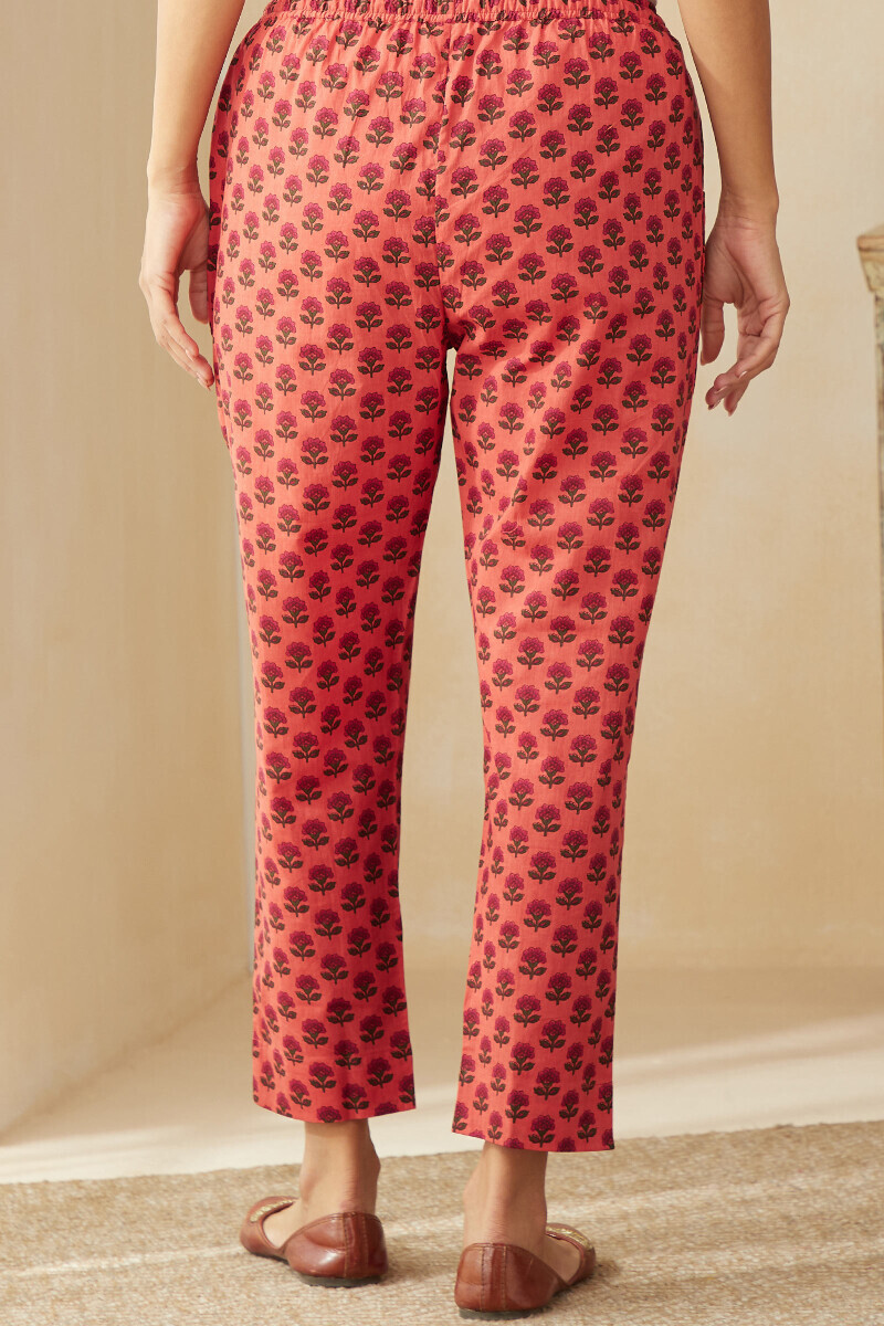 Orange Hand Printed Cotton Narrow Pants