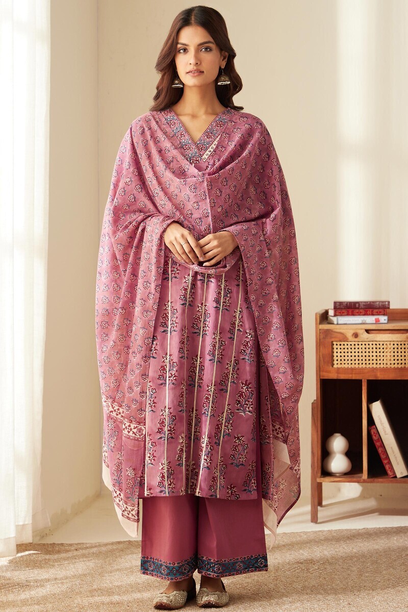 Purple Hand Block-Printed Straight Cotton Kurta