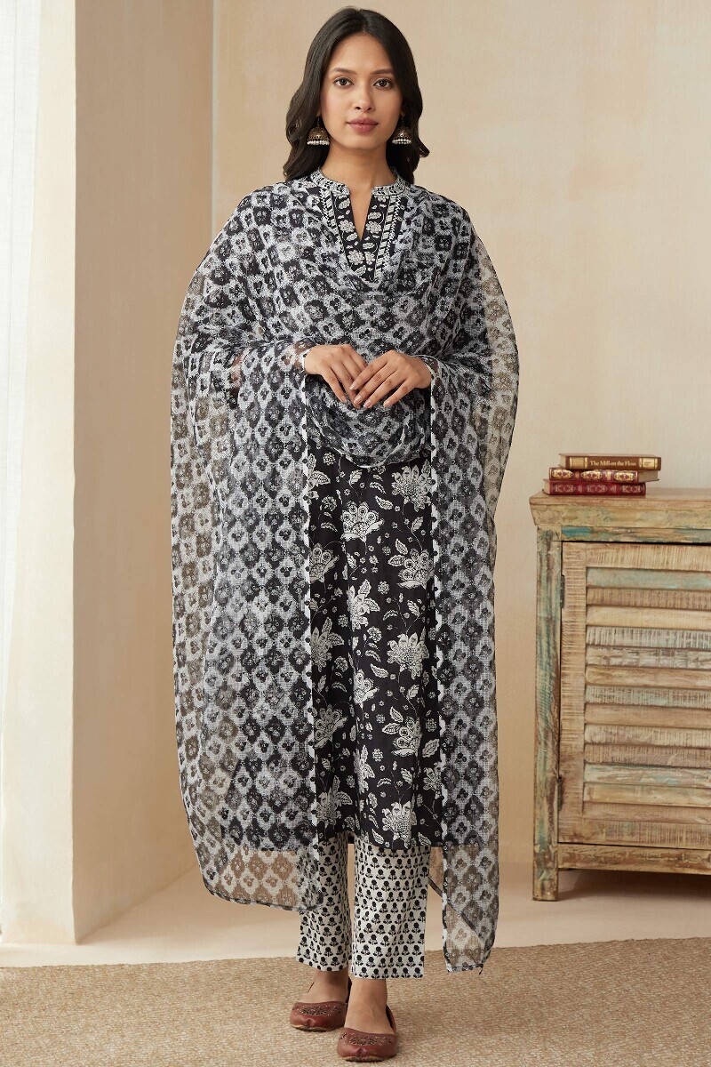Blue Hand Printed Straight Cotton Kurta