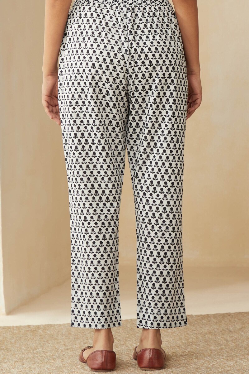 White Hand Printed Cotton Narrow Pants