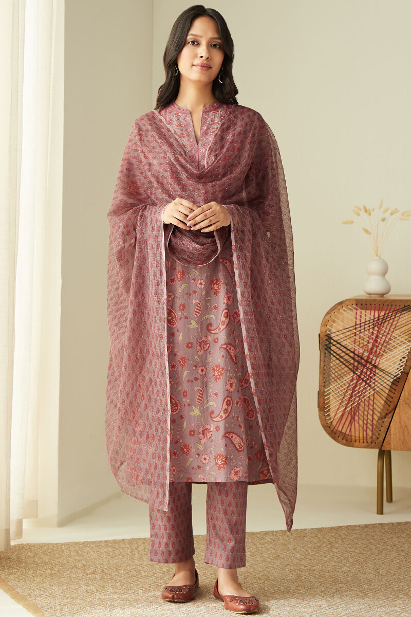 Mauve Hand Printed Straight Cotton Kurta