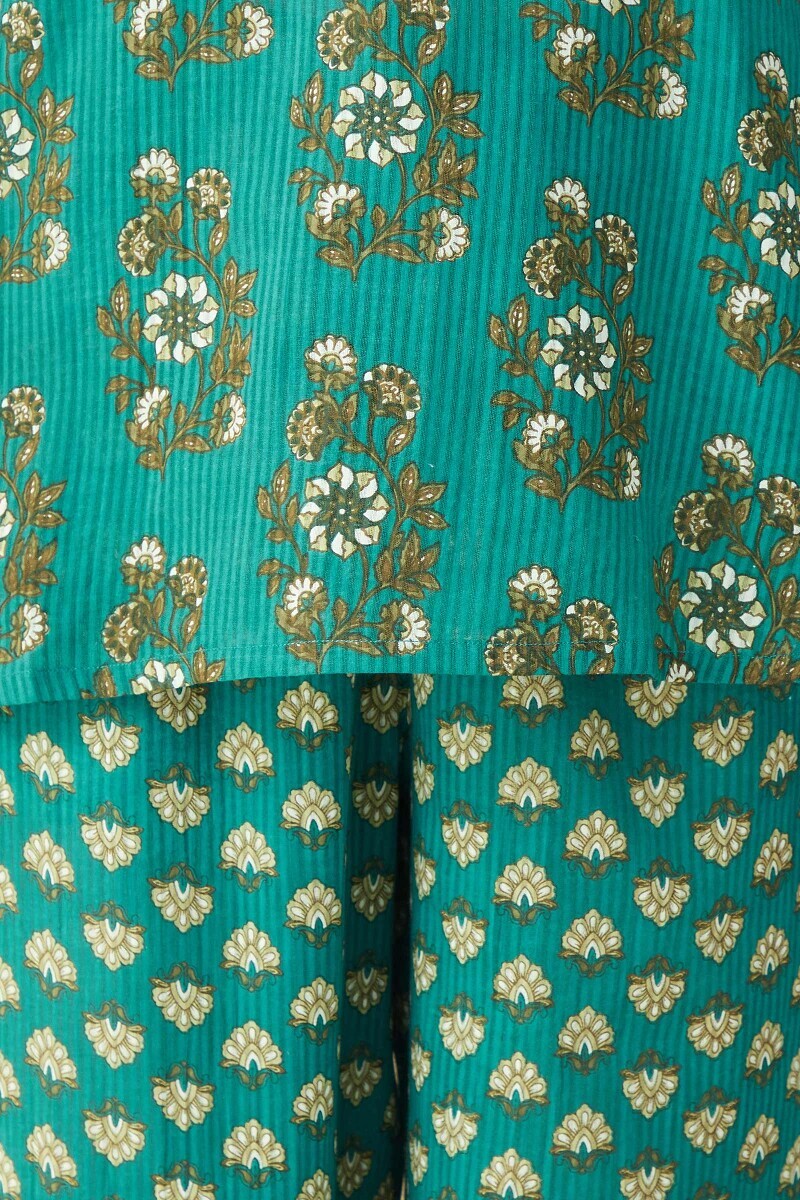 Teal Hand Printed Cotton Dobby Loungewear Set