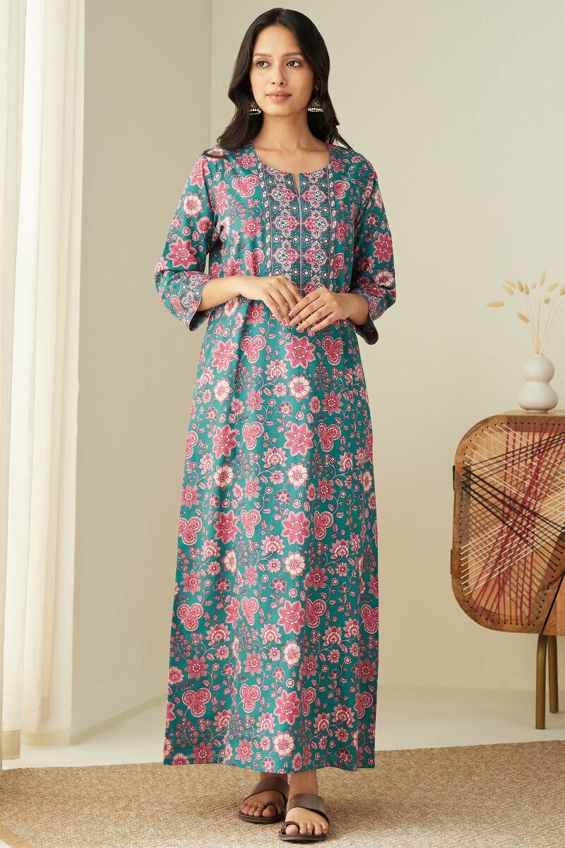 Green Hand Printed Cotton Kaftan