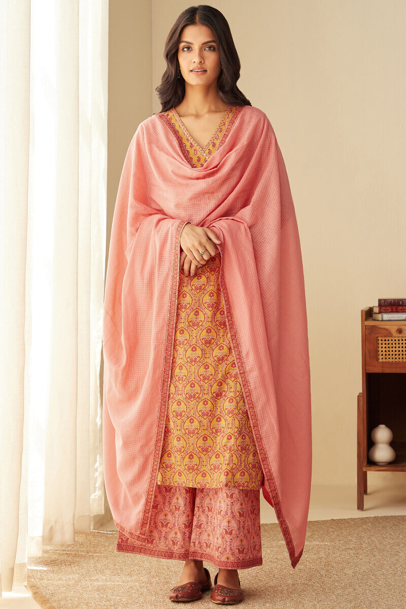 Mustard Hand Printed Straight Cotton Kurta