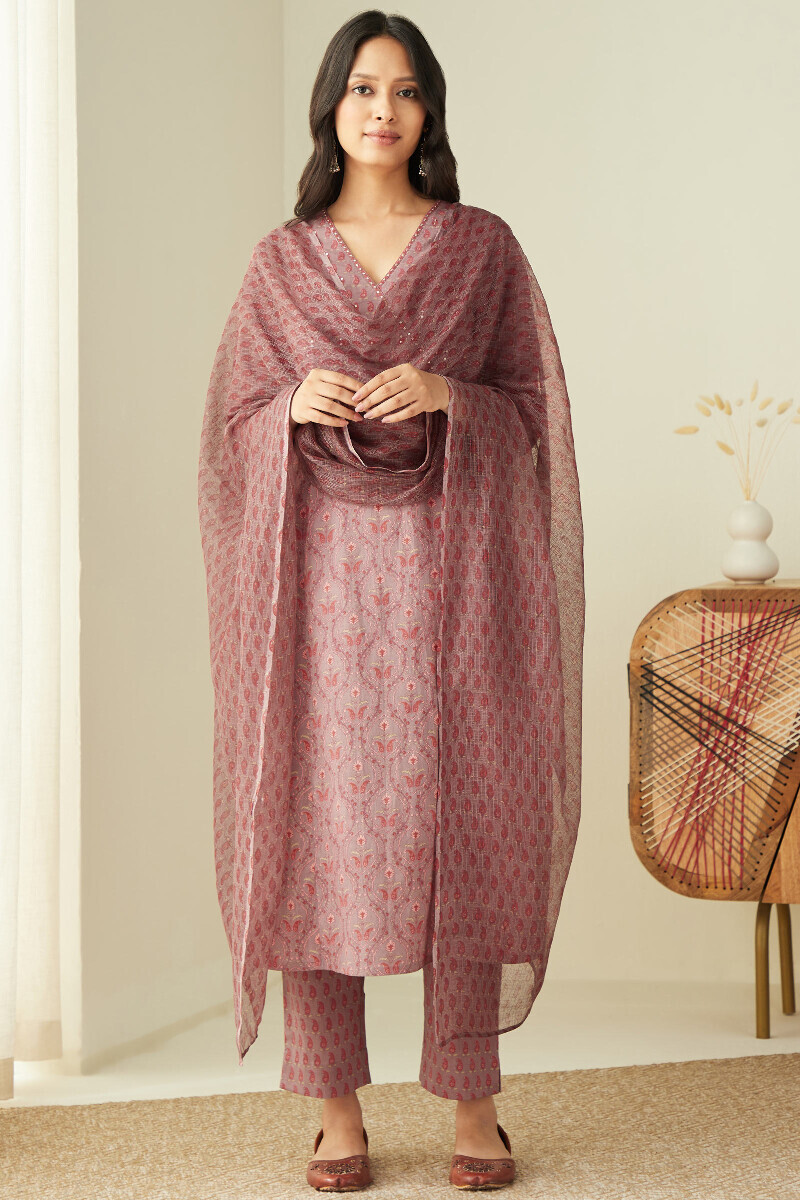 Mauve Hand Printed Straight Cotton Kurta