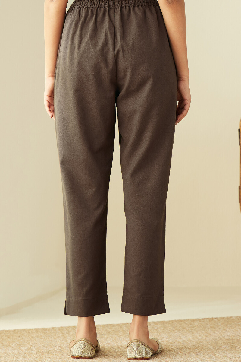 Brown Handcrafted Cotton Flax Narrow Pants