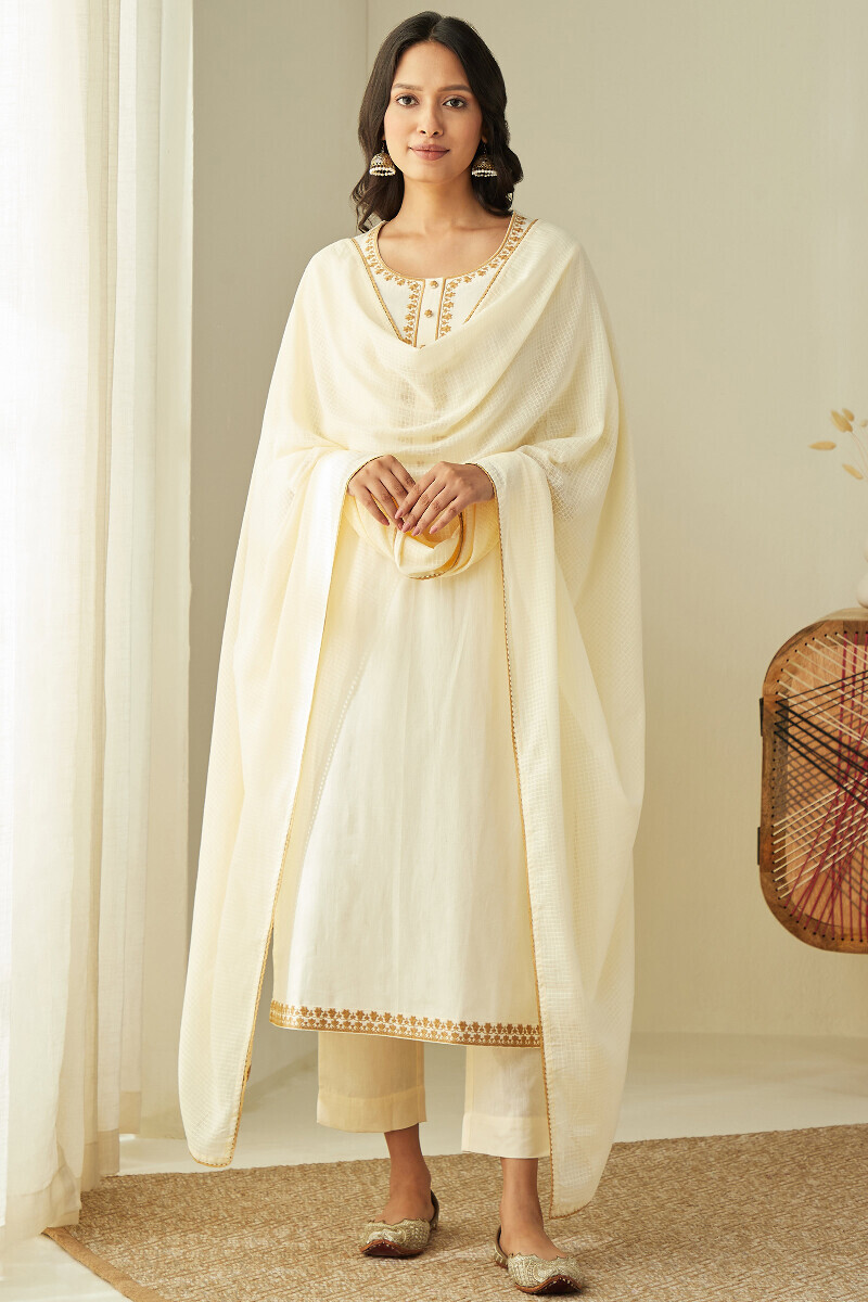 Off-White Handcrafted Straight Cotton Flax Kurta