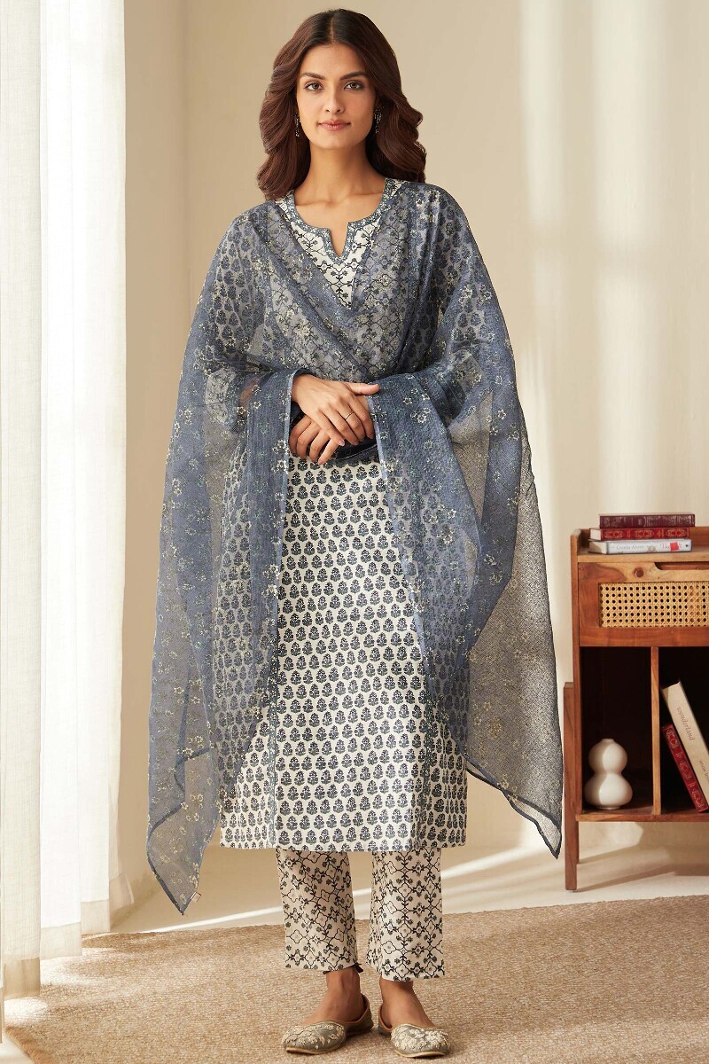 Off-White Hand Printed Straight Cotton Kurta