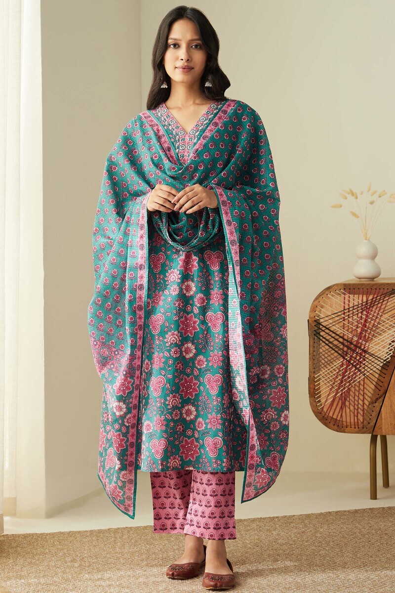Green Hand Printed Straight Cotton Kurta