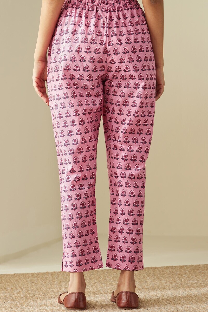 Pink Hand Printed Cotton Narrow Pants