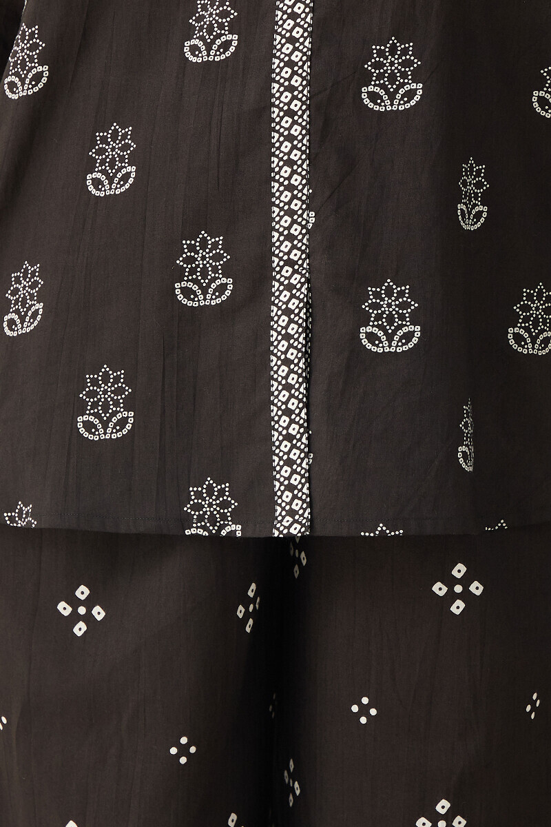 Black Hand Printed Cotton Loungewear Set