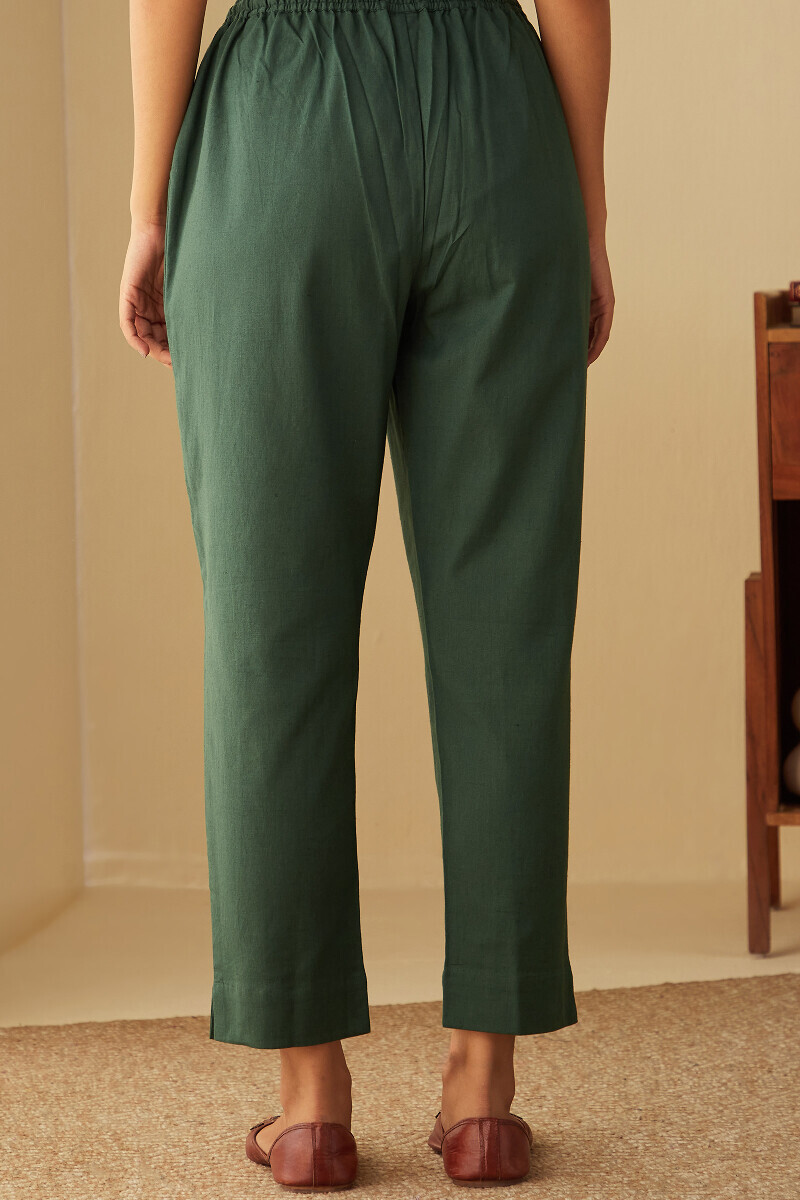 Green Handcrafted Cotton Flax Narrow Pants