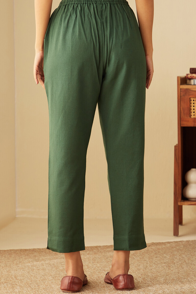 Green Handcrafted Cotton Flax Narrow Pants