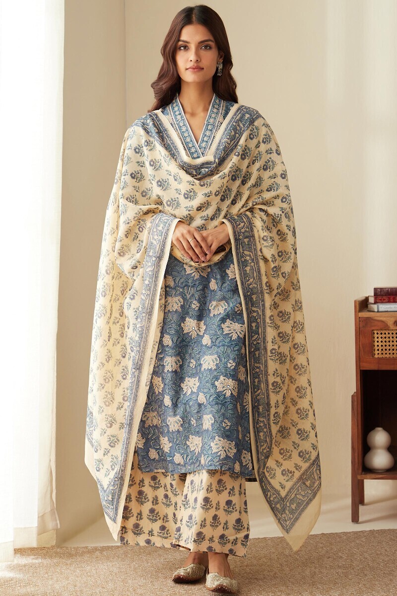 Blue Hand Block-Printed Straight Chanderi Kurta