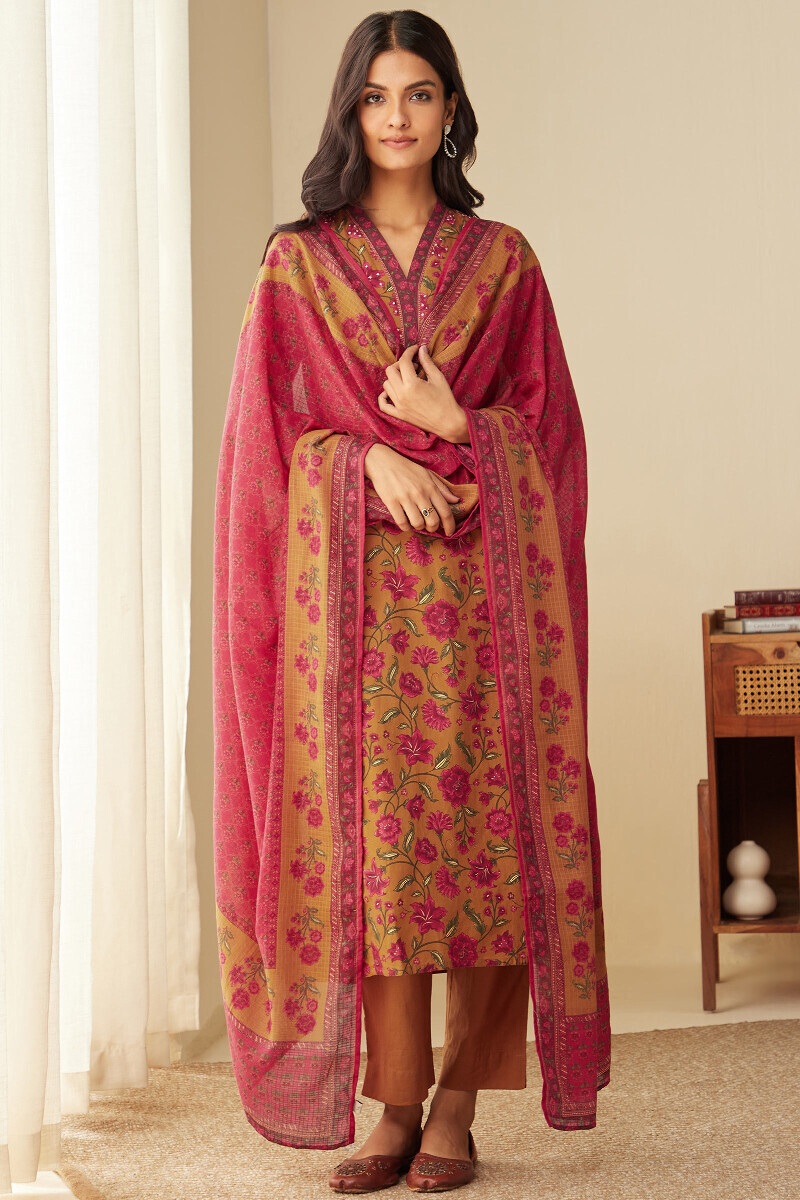 Mustard Printed Straight Cotton Kurta