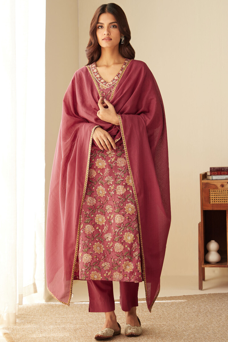Pink Hand Block-Printed Straight Cotton Kurta