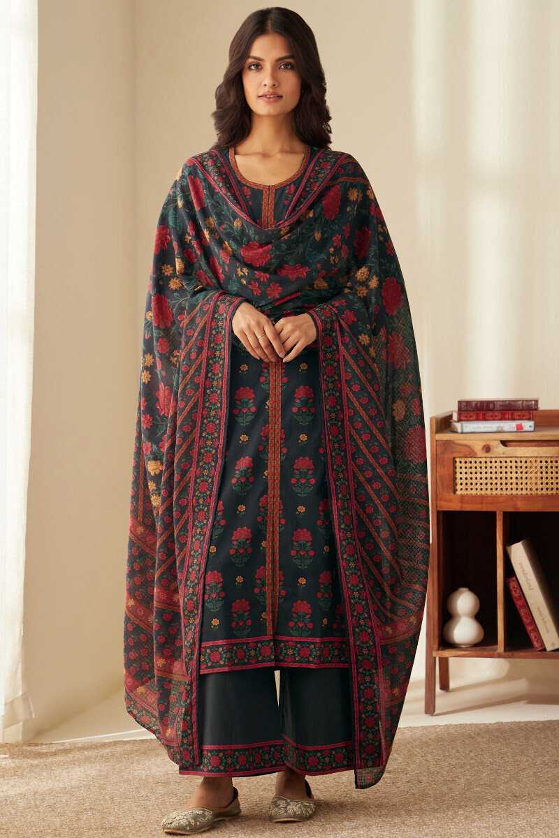 Black Printed Straight Cotton Kurta
