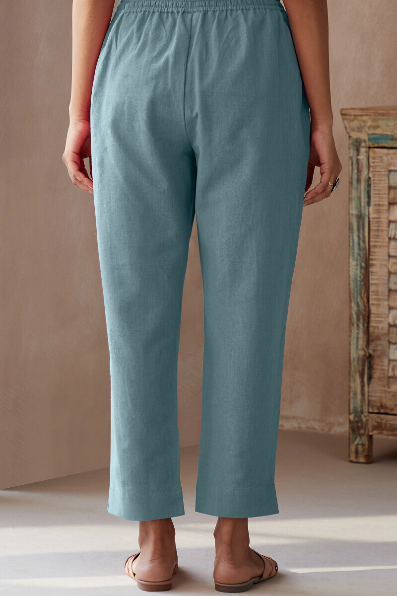 Sky Blue Handcrafted Cotton Flax Narrow Pants