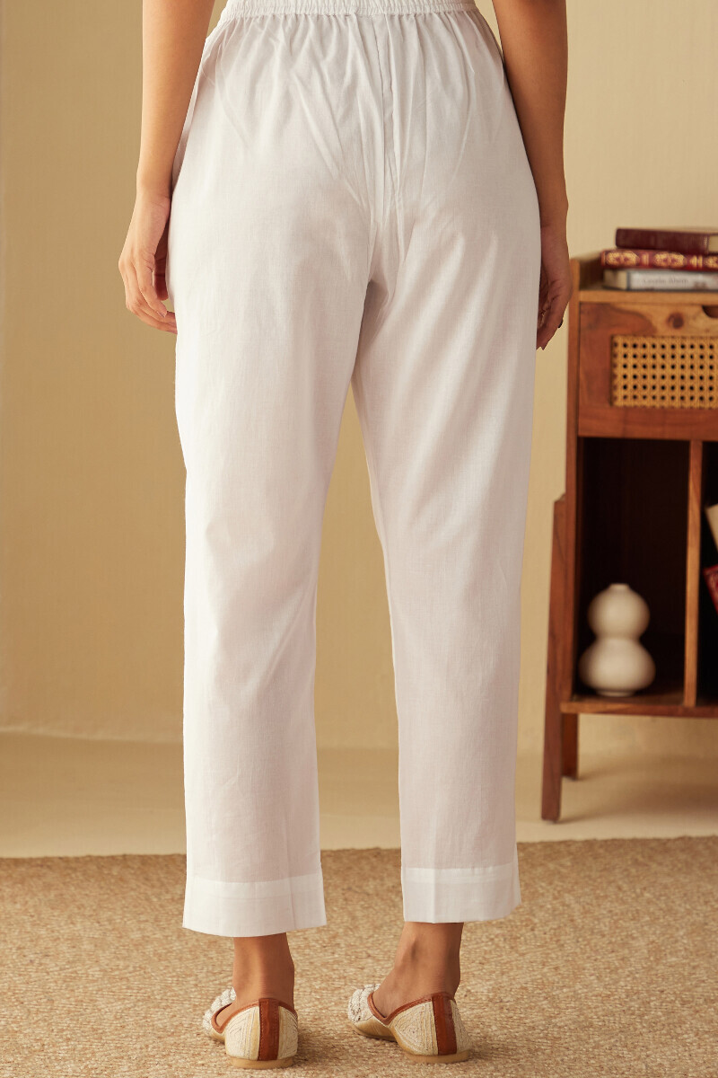 White Handcrafted Cotton Narrow Pants
