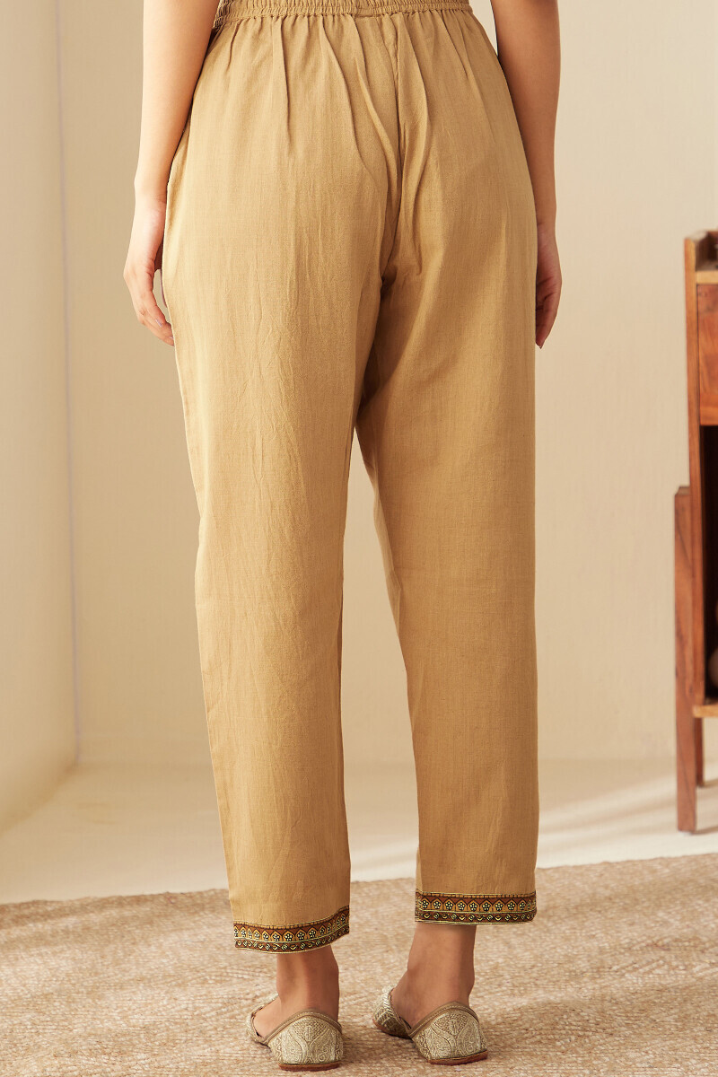 Brown Handcrafted Cotton Flax Narrow Pants